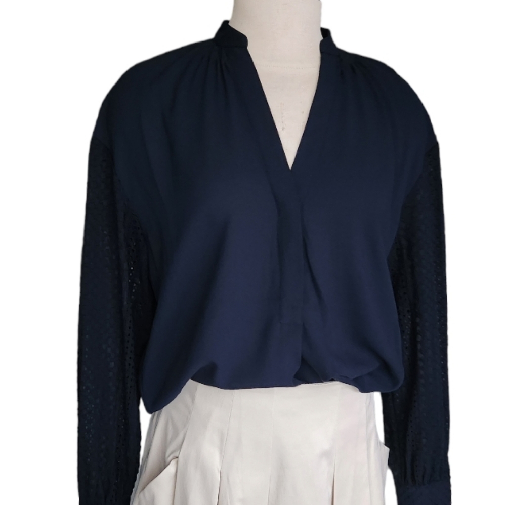 Club Monaco Navy Blue Lace Sleeve Blouse - Picture 3 of 14